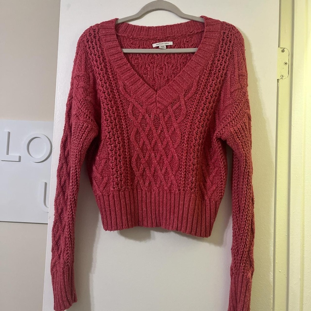 American Eagle Outfitters Rose-Pink Cable V-Neck Sweater